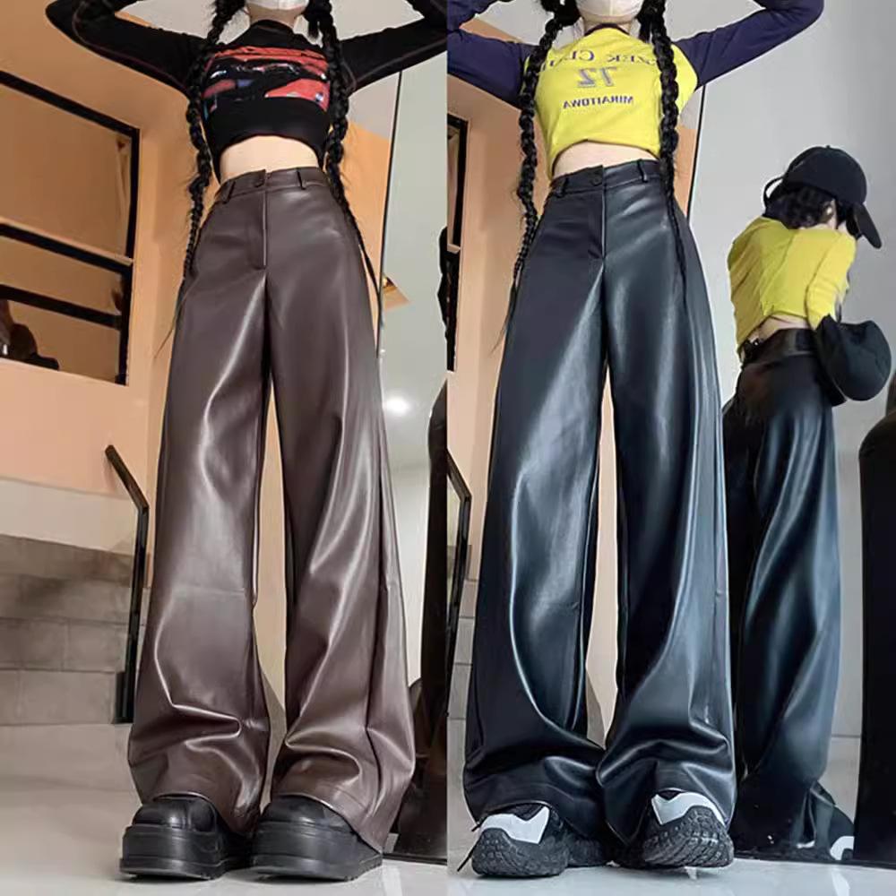 12891466.黑色高腰直筒皮裤女秋季大码显瘦宽松PU皮阔腿休闲皮裤