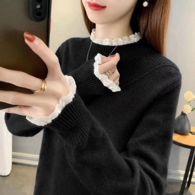 12890766.半高领拼接蕾丝毛衣女冬季内搭纯色保暖套头毛衣
