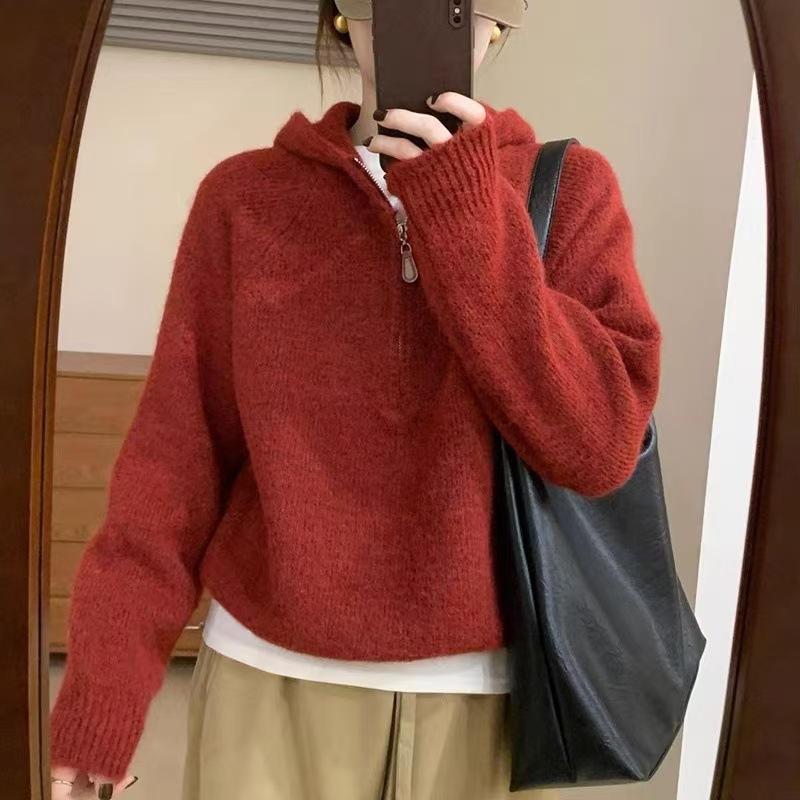 12890282.毛衣韩系秋冬季休闲百搭毛衣半拉链毛绒绒毛衣女