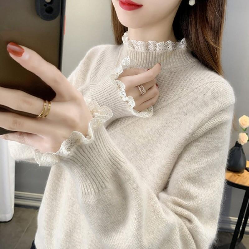 12890766.半高领拼接蕾丝毛衣女冬季内搭纯色保暖套头毛衣