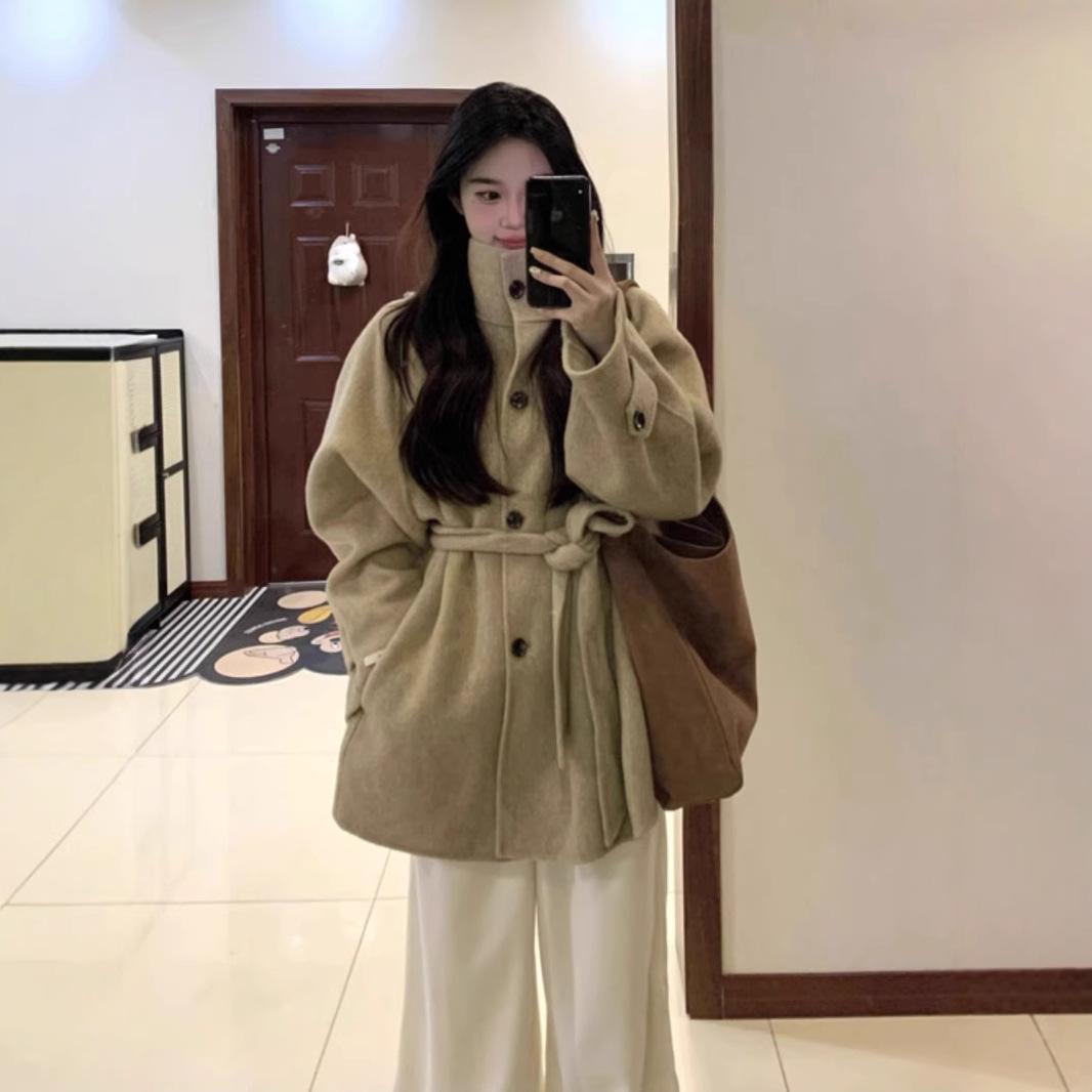 12891500.韩系卡其色毛呢外套女感洋气小个子深秋初冬季大衣