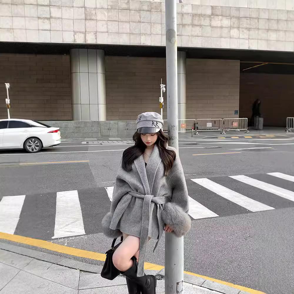 12891474.灰色绑带收腰毛呢外套女秋冬长袖宽松大衣中长款上衣