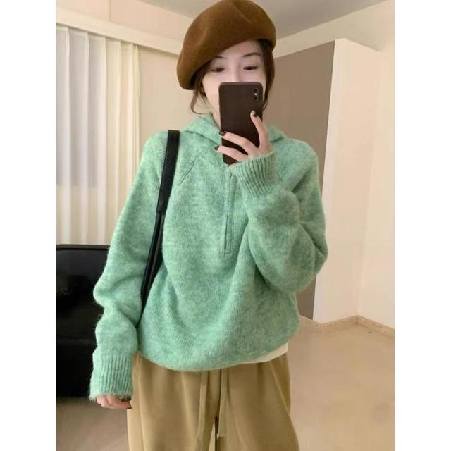 12890282.毛衣韩系秋冬季休闲百搭毛衣半拉链毛绒绒毛衣女