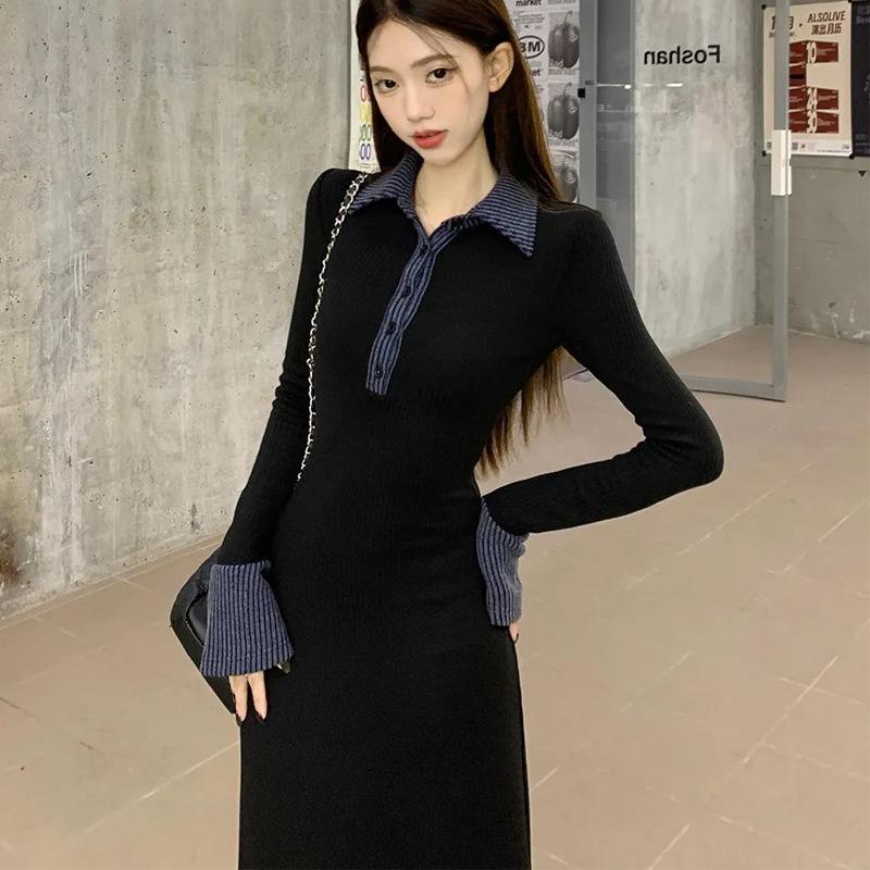 12893854.女装拼接Polo领针织连衣裙秋冬季长袖收腰裙子春复古气质a字长裙