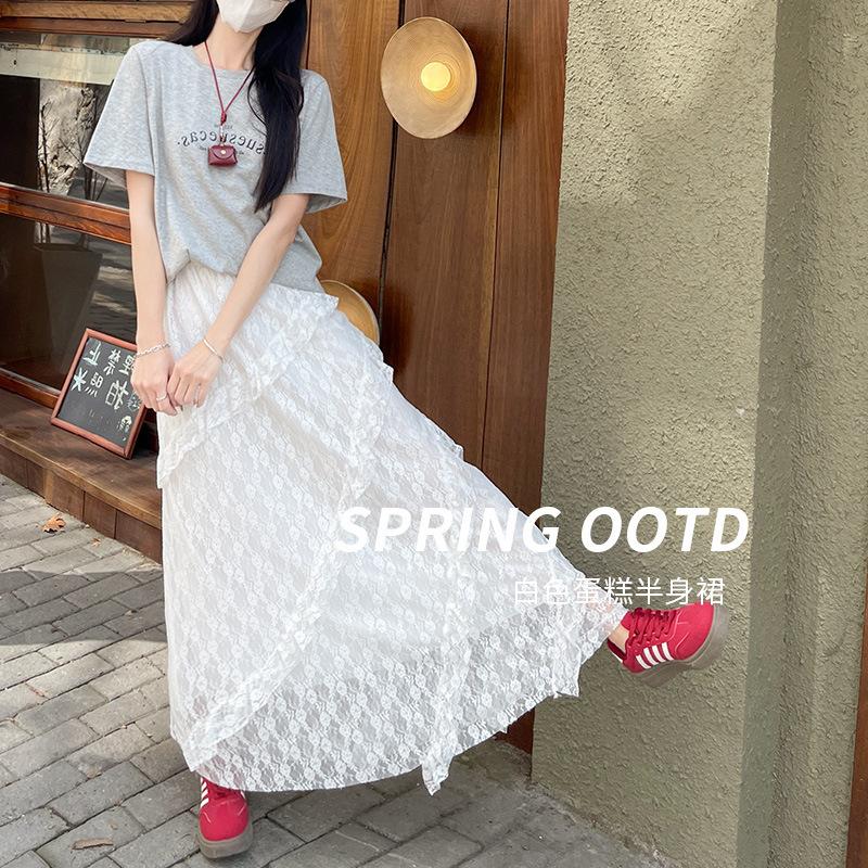 12889970.复古拼接斜纹蕾丝半身裙女夏季白色松紧腰显瘦网纱a字长裙蛋糕裙