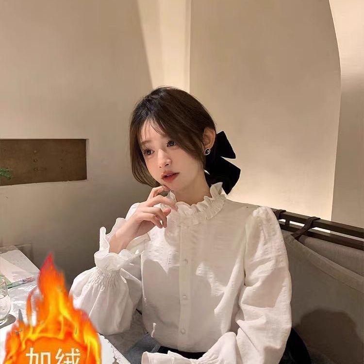 12889999.边花衬衫边白色衬衫女装上衣叠穿内搭衬衫秋冬