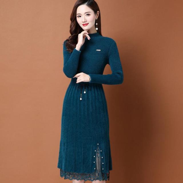 12890970.仿貂绒针织连衣裙女秋冬气质针织配大衣的过膝连衣裙潮