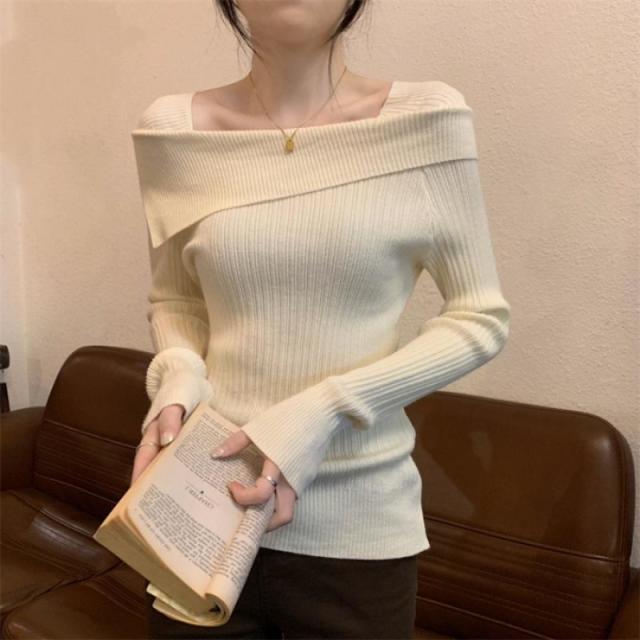 12893784.一字肩针织打底衫女秋装不规则内搭高腰正肩锁骨长袖上衣