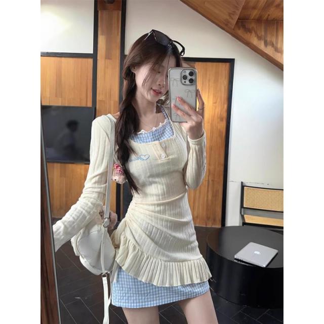 12893858.纯欲风挂脖连衣裙女秋季假两件裙子甜辣妹收腰不规则拼接叠穿短裙