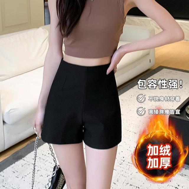 12890600.黑色运动休闲高腰热裤女秋冬外穿加绒加厚显瘦辣妹西装三分裤