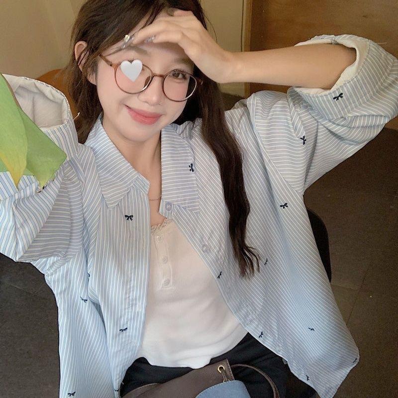 12889154.蓝色条纹蝴蝶结印花长袖衬衫女春秋设计感小众宽松衬衫百搭