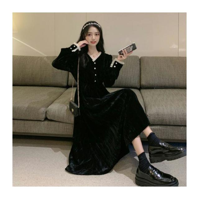 12891599.内搭裙子女秋冬打底v领仙黑色长裙小黑裙赫本法式小众连衣裙