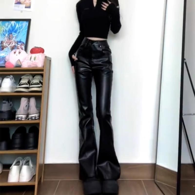 12891762.黑色微喇叭皮裤女秋季大码微显瘦美式pu皮裤高腰拖地长裤