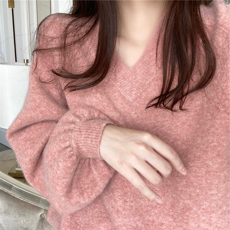 12890825.V领粉色毛衣女秋冬套头慵懒风显瘦宽松打底毛衣