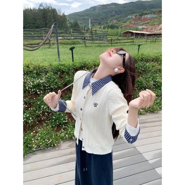 12890834.韩系毛衣格子假两件麻花长袖毛衣女外搭毛衣上衣