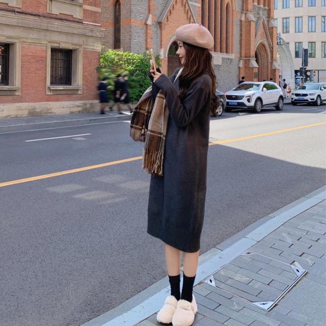 12890980.秋冬韩版女式内搭配大衣毛衣裙长款宽松加厚高领打底连衣裙