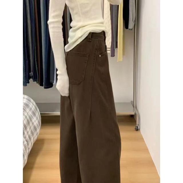 12891440.复古棕色弯刀牛仔裤女梨型身材直筒巨显瘦牛仔裤