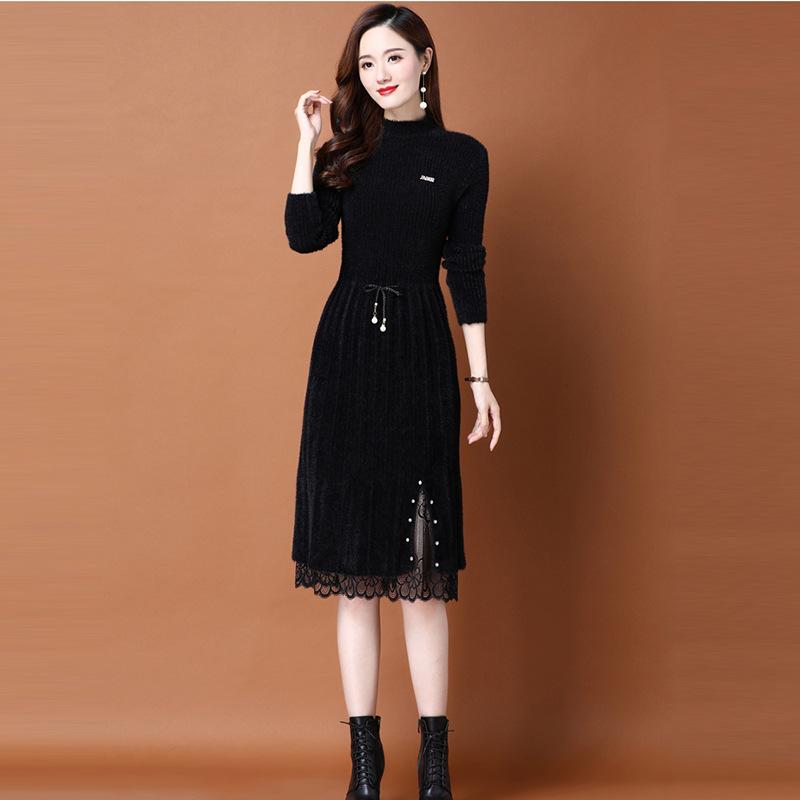 12890970.仿貂绒针织连衣裙女秋冬气质针织配大衣的过膝连衣裙潮