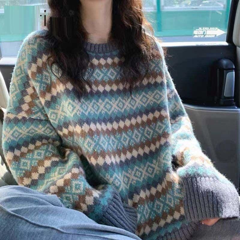 12894054.秋冬韩版宽松菱格毛衣女设计感小众针织衫复古休闲慵懒风
