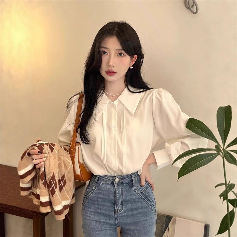 12889940.法式复古白色Polo领长袖衬衫女小众百搭气质设计感衬衫