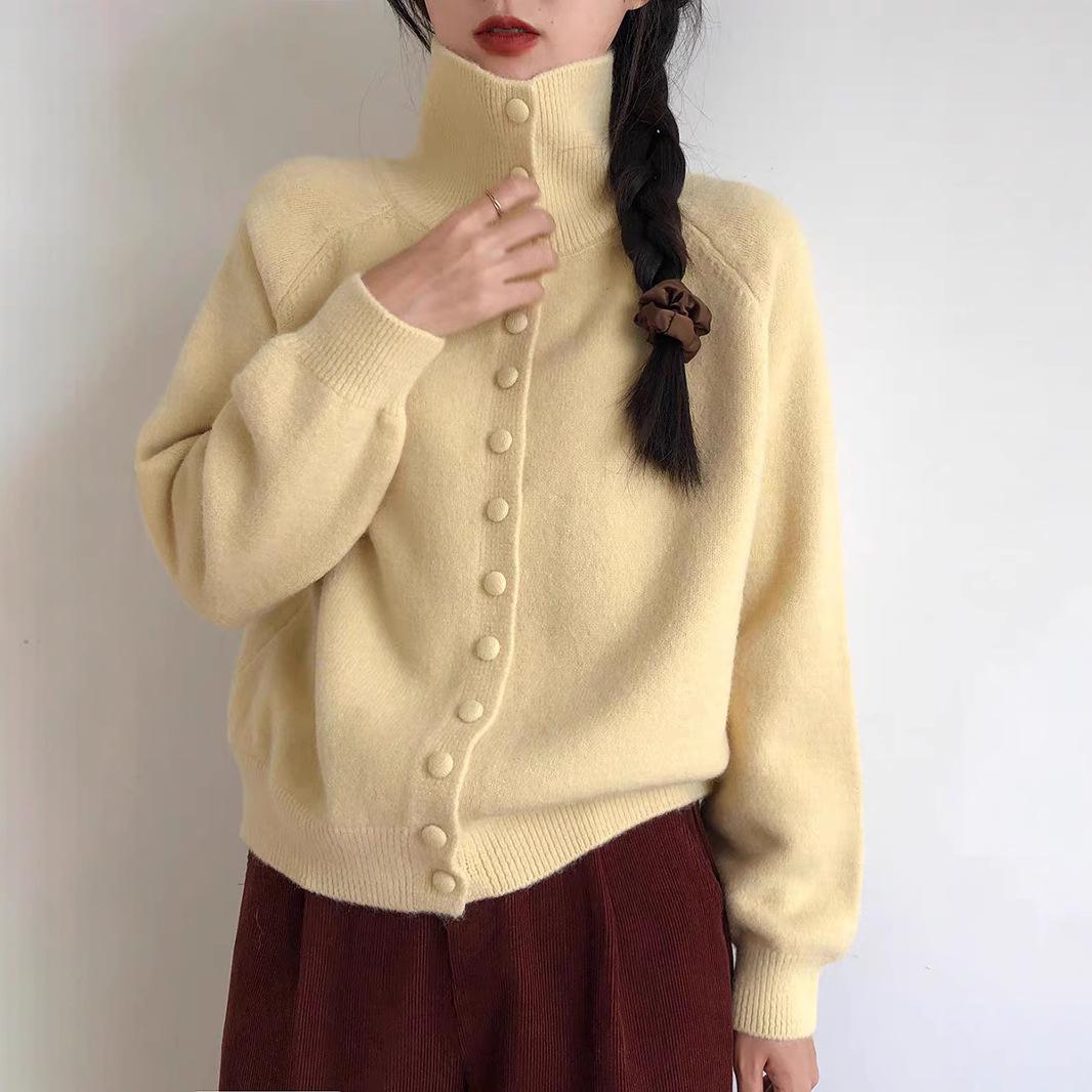12890330.高领针织开衫女秋冬季复古韩系慵懒风感宽松针织衫