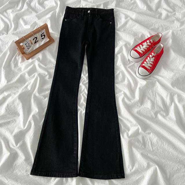 12891841.黑色牛仔裤女秋冬季马蹄长裤高腰修身百搭弹力拖地直筒微喇叭裤子