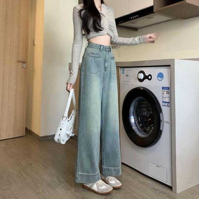 12891512.深蓝色牛仔裤女阔腿高腰宽松显瘦小个子直筒牛仔裤