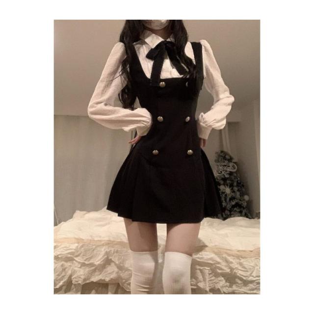 12891472.法式假两件衬衫连衣裙子女装秋冬季学院风收腰显瘦短裙