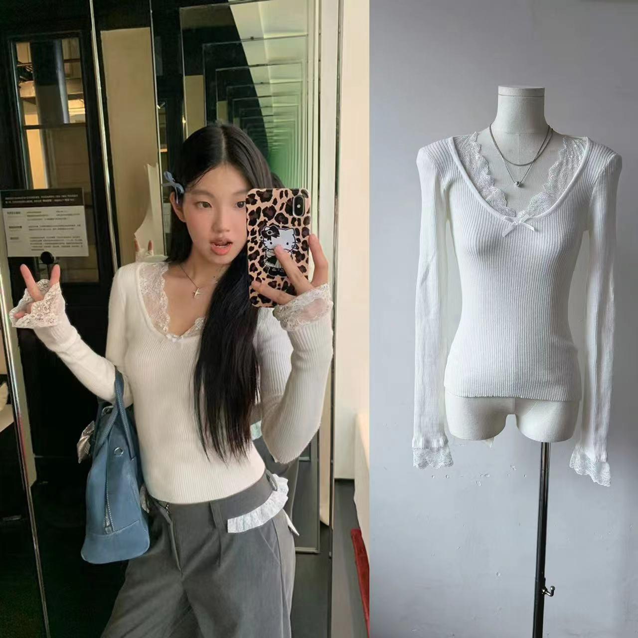 12891520.纯欲性感蕾丝拼接长袖针织衫女早秋短款弹力修身显瘦上衣