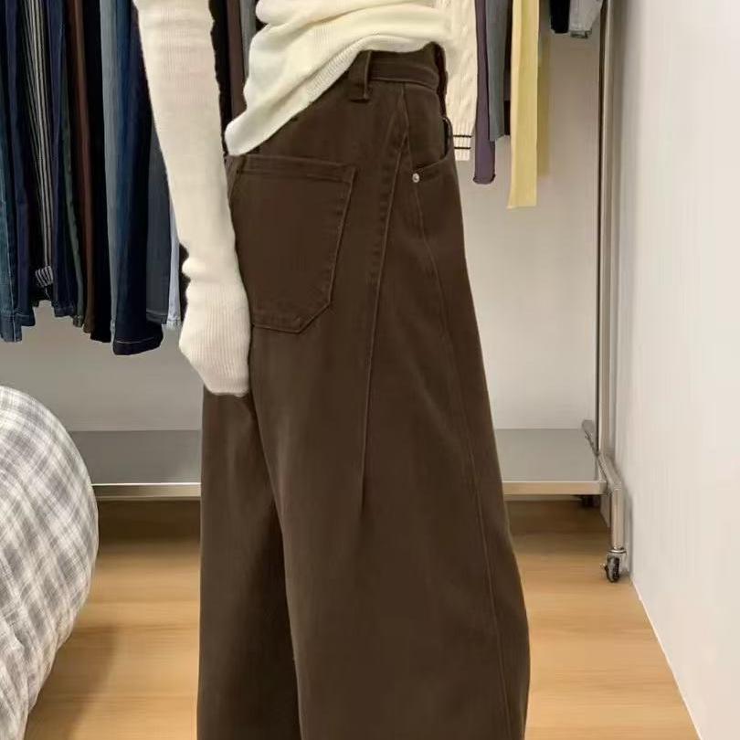 12891440.复古棕色弯刀牛仔裤女梨型身材直筒巨显瘦牛仔裤