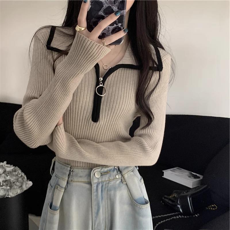 12893786.撞色半拉链翻领毛衣女秋冬东莞大打底修身显瘦上衣女装