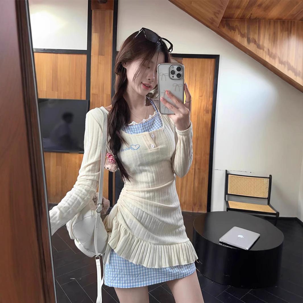 12893858.纯欲风挂脖连衣裙女秋季假两件裙子甜辣妹收腰不规则拼接叠穿短裙