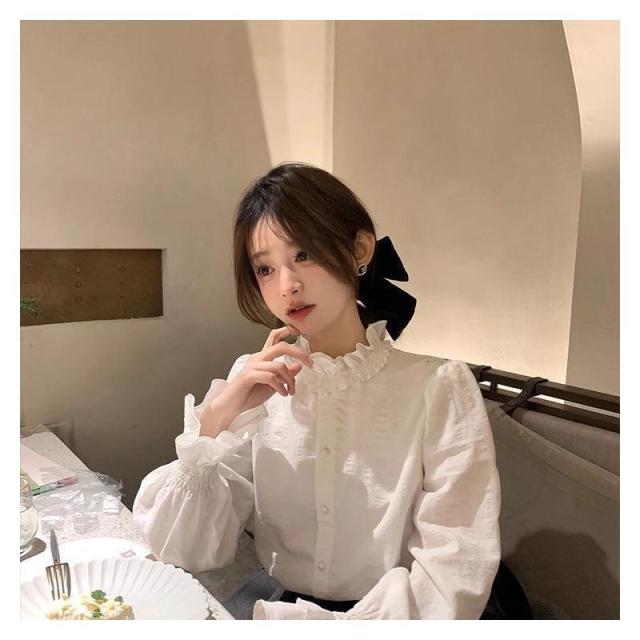 12889999.边花衬衫边白色衬衫女装上衣叠穿内搭衬衫秋冬