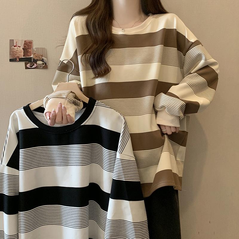 12890028.丽茹姗   美式复古条纹薄款卫衣女款秋季显瘦胖mm遮肚宽松上衣