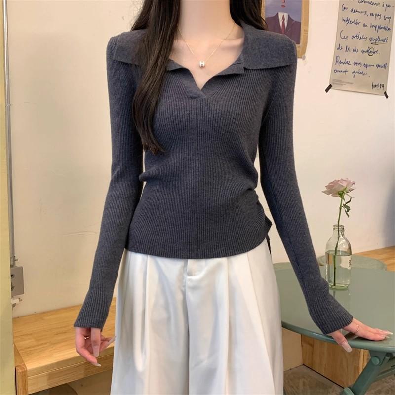 12891244.绝美巨好看抽绳长袖内搭秋冬毛衣针织打底衫女收腰v领上衣