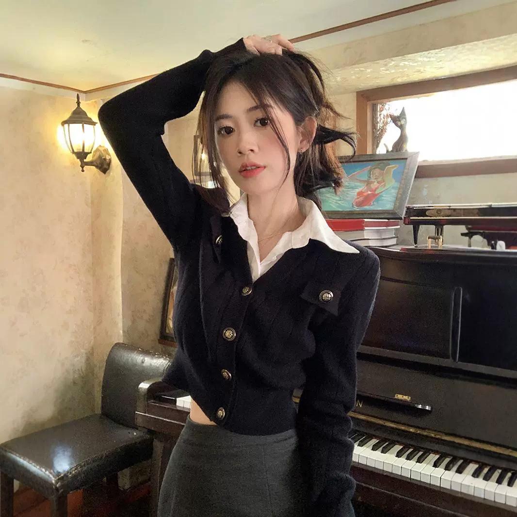 12890324.假两件短款针织衫女polo领修身设计感小众开衫上衣