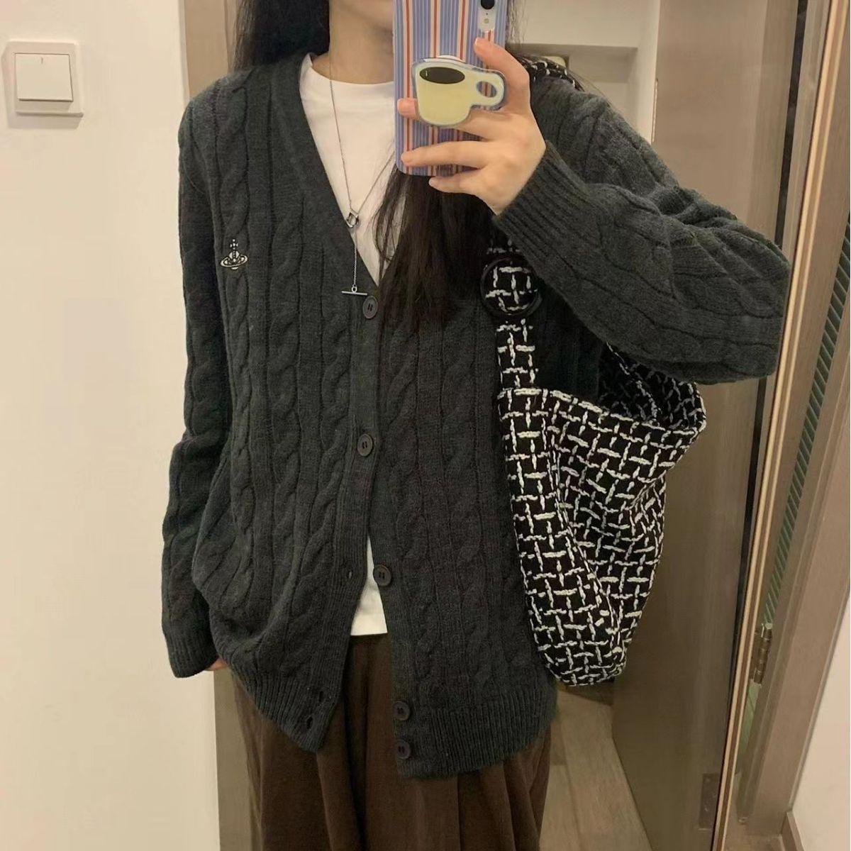 12893926.V领毛衣开衫女秋冬慵懒风宽松复古软糯麻花毛衣