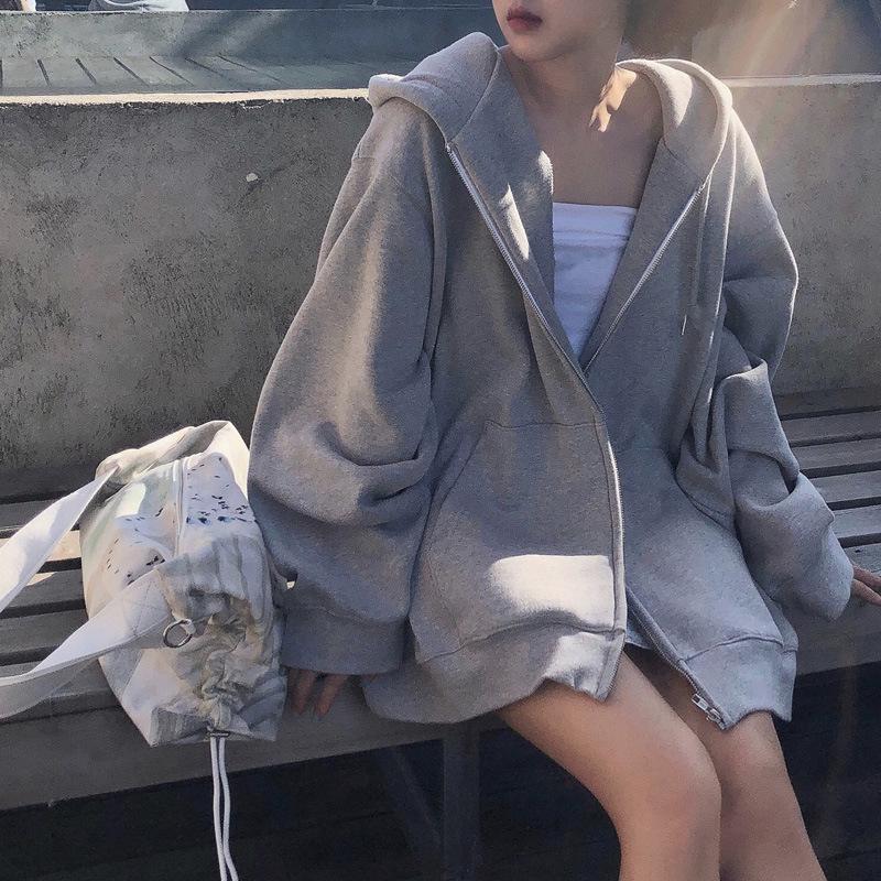 12890607.灰色连帽外套女宽松加绒休闲运动外套春秋季长袖拉链开衫上衣