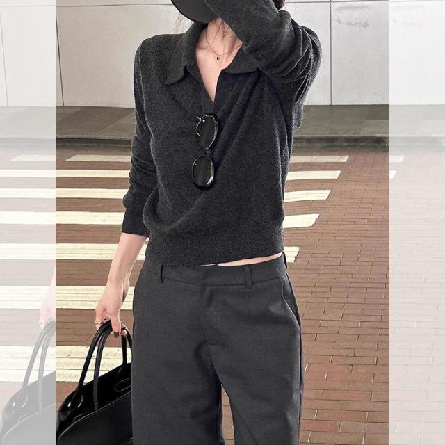 12891279.深灰色老钱风Polo衫女早秋穿搭感polo衫秋季内搭打底长袖上衣