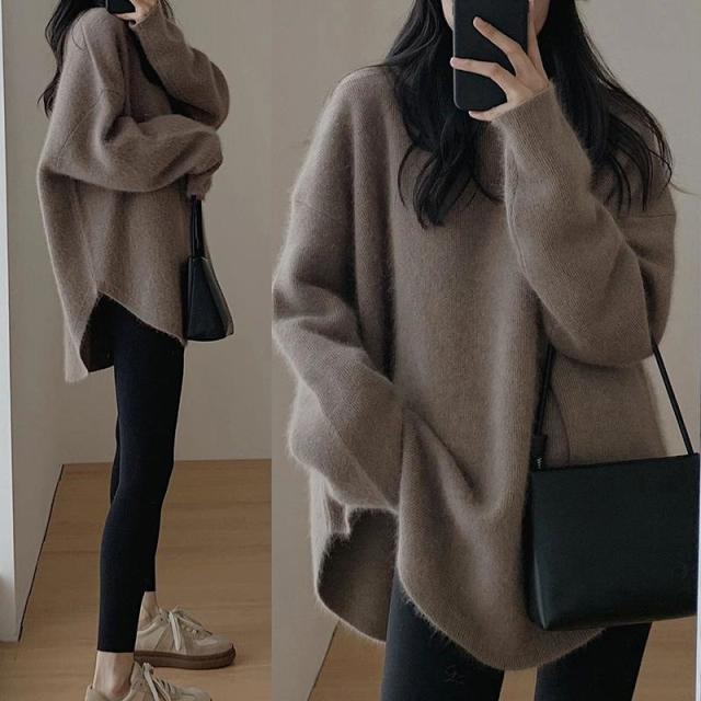 12892286.秋冬女装中长款慵懒风感法式羊毛衫红色软糯圆领羊毛衫