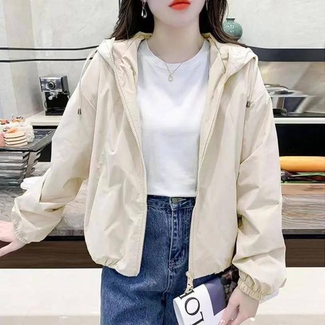 12892082.连帽短款纯色小个子夹克女宽松休闲夹克双拉链上衣