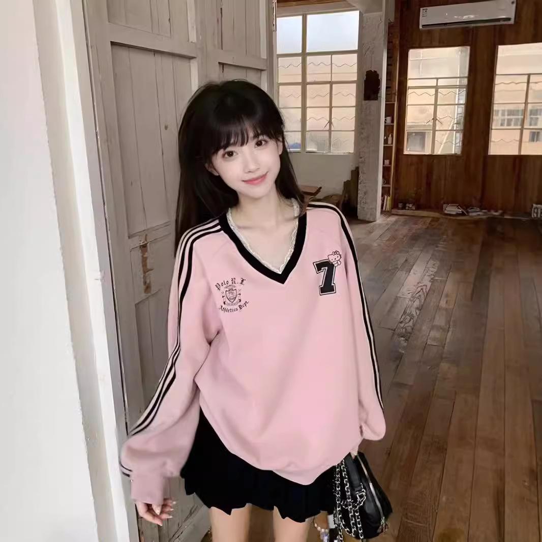 12891901.蕾丝V领印花撞色长袖卫衣女早秋甜美风设计感宽松别致上衣