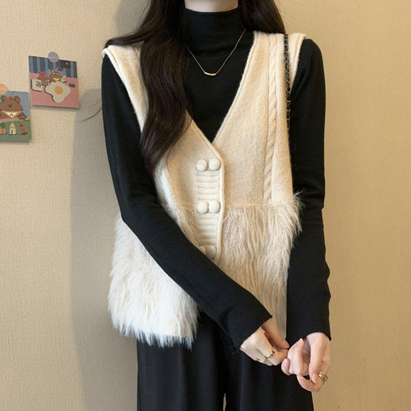 12892356.气质小香风V领针织马夹女双排扣毛茸茸拼接外搭马夹上衣