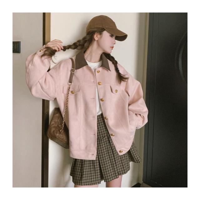 12892077.粉色麂皮绒夹克女秋冬甜美小个子学院风休闲夹克上衣