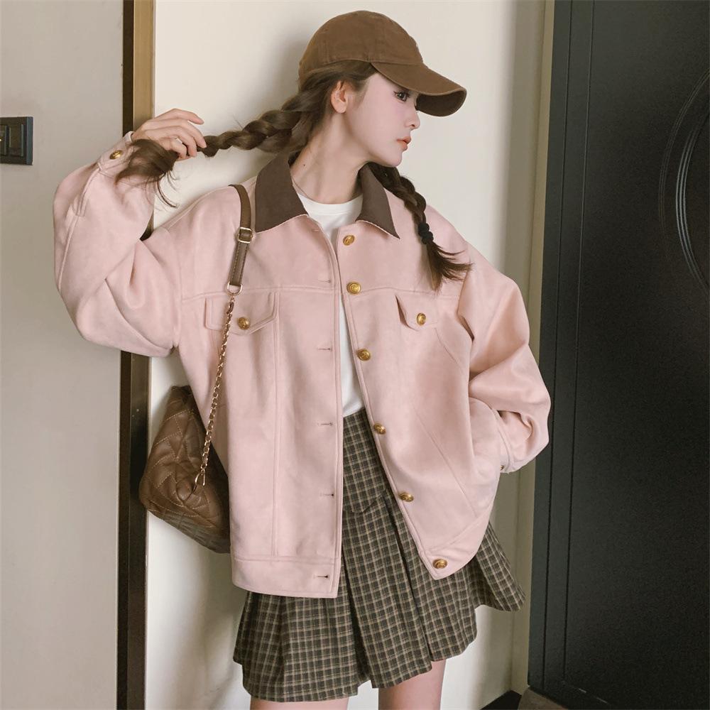 12892077.粉色麂皮绒夹克女秋冬甜美小个子学院风休闲夹克上衣