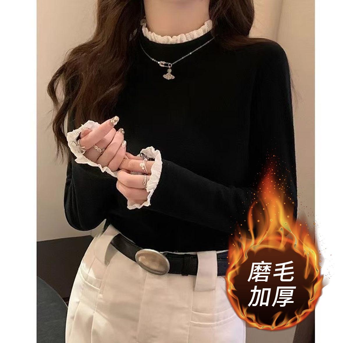 12890095.花边拼接半高领打底衫女秋冬双面磨毛修身设计感针织衫内搭上衣女