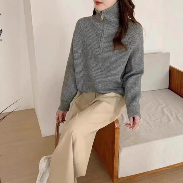 12892509.秋冬高腰毛衣宽松设计高领拉链短袖纯色毛衣短款女士