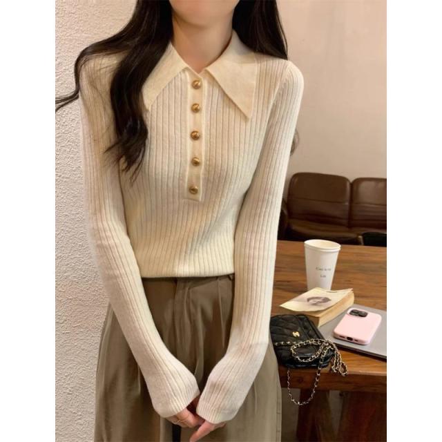12891234.春秋季法式领针织衫别致打底衫女秋冬感毛衣内搭