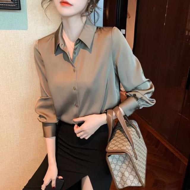 12890294.白色衬衫女秋冬设计感小众缎面衬衣百搭复古港味气质长袖垂感上衣