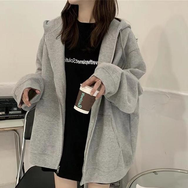 12888838.春秋黑色连帽卫衣女宽松慵懒风加绒小众上衣韩版外套
